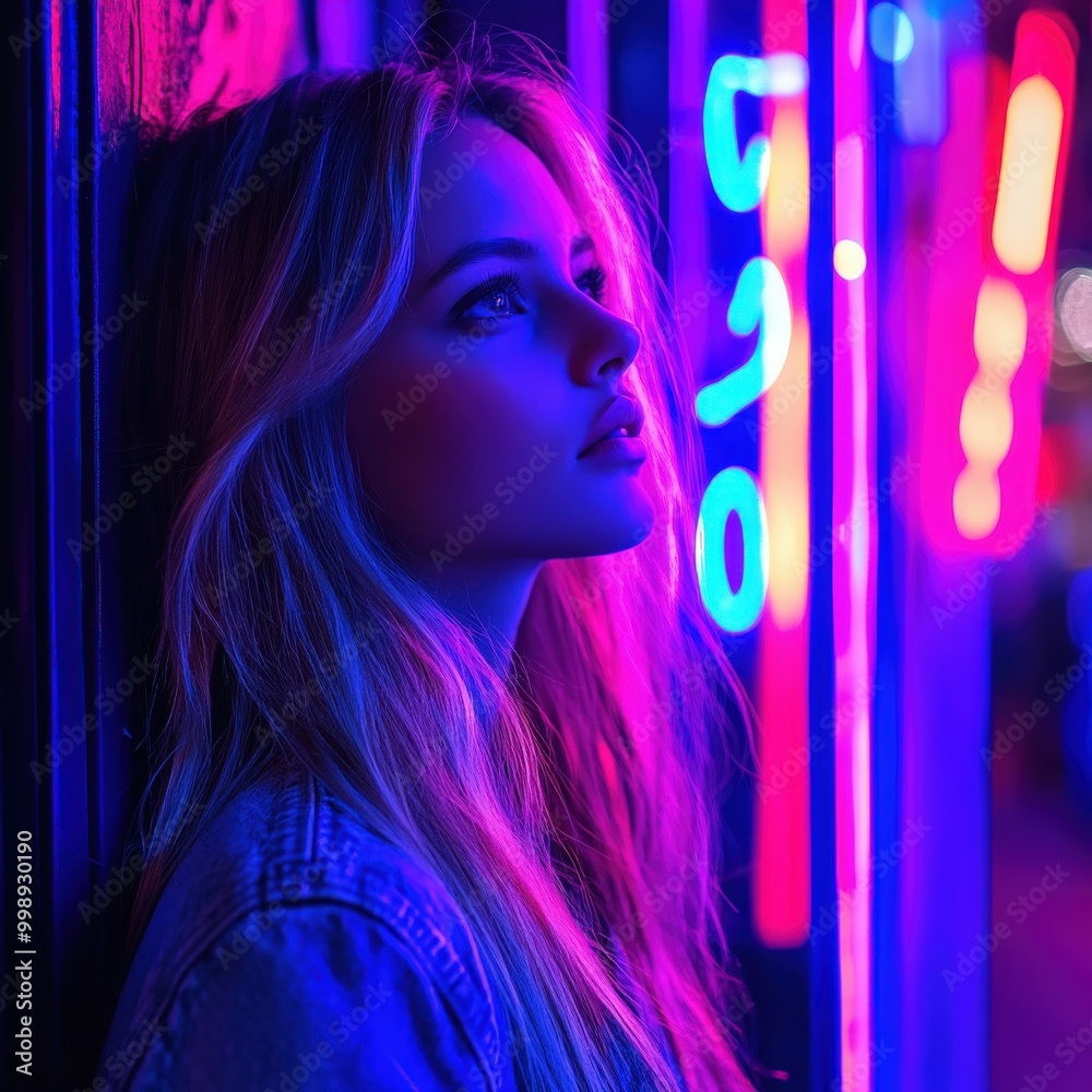 Young woman illuminated by neon lights in a vibrant urban setting Young woman illuminated by neon lights in a vibrant urban setting