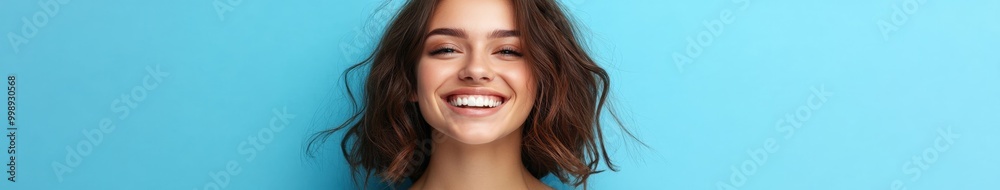 Smiling young woman with brown hair poses against a blue backdrop Smiling young woman with brown hair poses against a blue backdrop