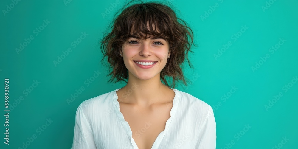 Smiling woman in white top against a vibrant turquoise background