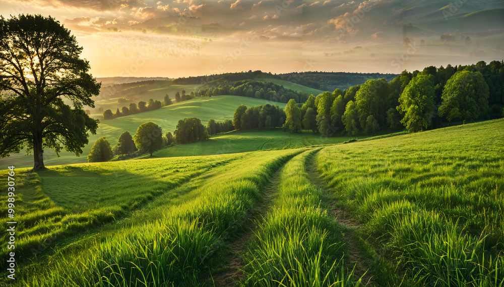 Fototapeta premium Coucher de soleil sur paysage vallonné