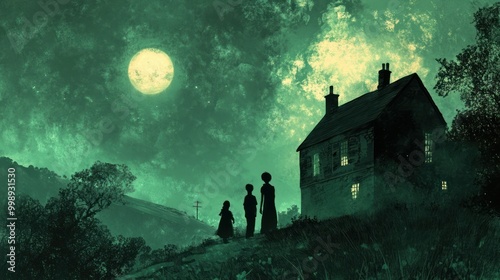 Wallpaper Mural Three Silhouettes Standing Before a House Under a Full Moon Torontodigital.ca