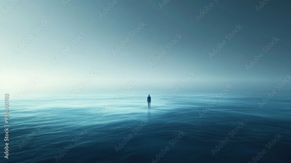 A Solitary Figure Standing in a Vast, Misty Ocean A Solitary Figure Standing in a Vast, Misty Ocean