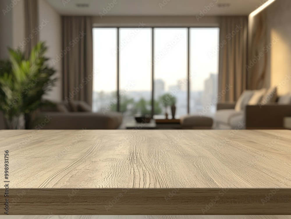 Stylish modern living room with wooden table and large windows in daylight Stylish modern living room with wooden table and large windows in daylight