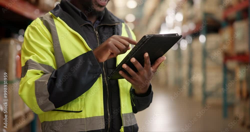 Warehouse, person and tablet with check in cargo for production, logistics and shipping company. Supervisor, stock manager and tech in distribution, trade and job in factory, supply chain or industry