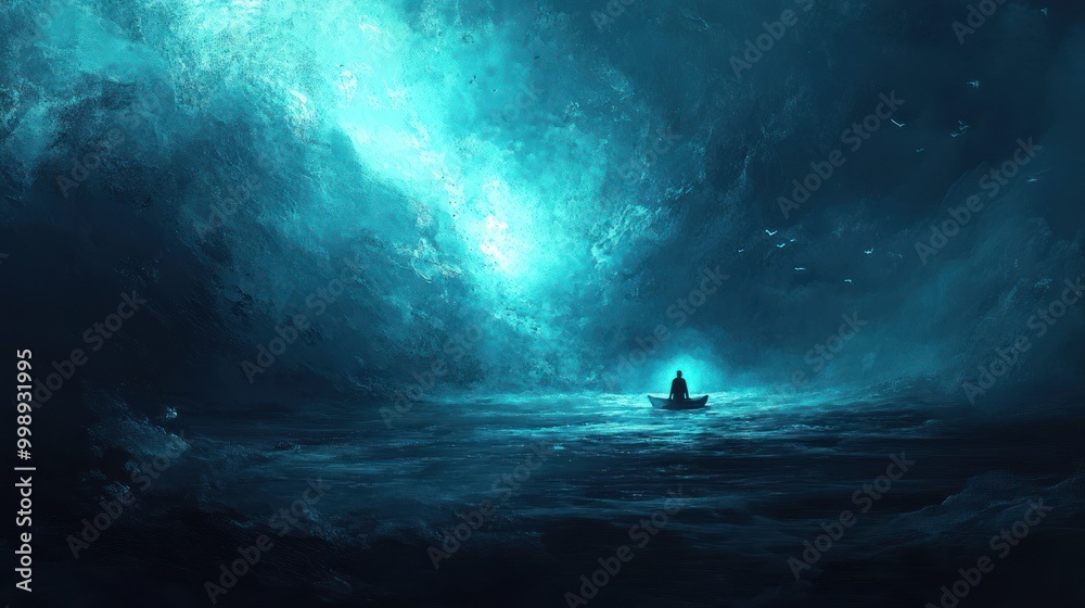 Solitary Figure in a Boat Navigating a Dark and Stormy Sea Solitary Figure in a Boat Navigating a Dark and Stormy Sea