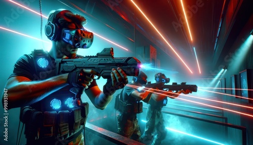 futuristic laser tag arena with players wearing VR headsets.