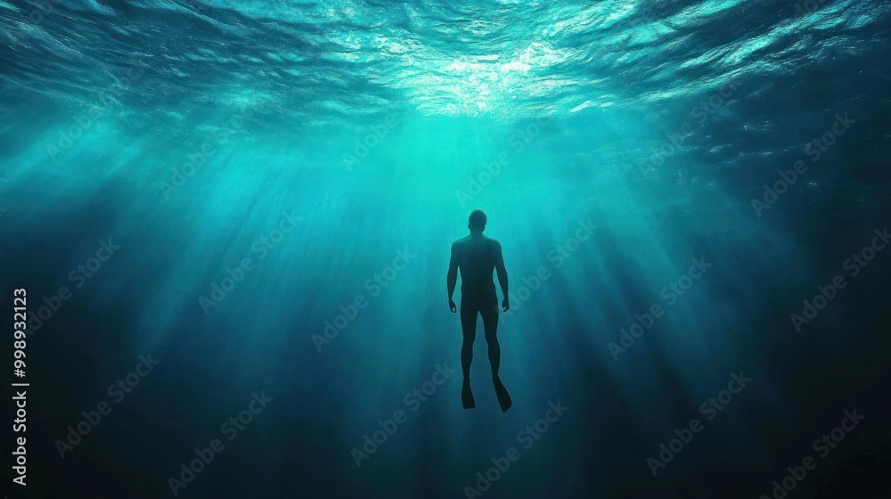 Fototapeta premium Silhouette of a Diver in Deep Blue Water with Sunlight Rays