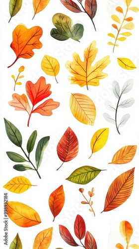 Colorful autumn leaves illustrated in various shapes and shades