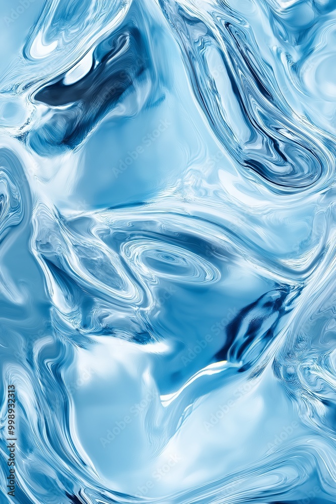 A blue and white abstract painting with a blue swirl. The painting is made of water and has a shiny, reflective surface A blue and white abstract painting with a blue swirl. The painting is made of water and has a shiny, reflective surface