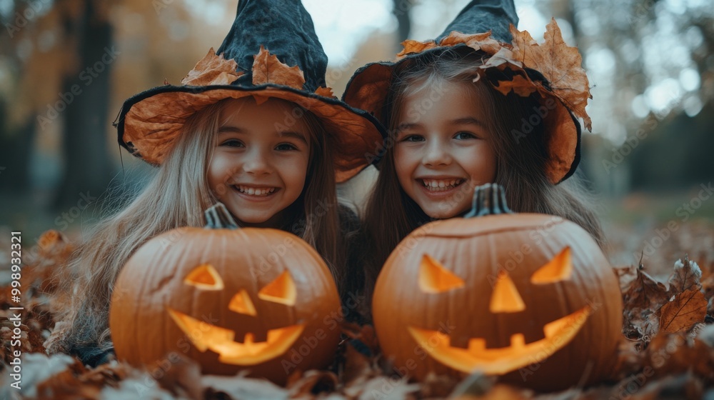 Fototapeta premium Halloween Celebrations with Witches and Pumpkins in an Autumn Forest Setting