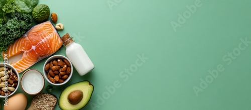 Vibrant and Colorful Assortment of Nutritious Foods on a Green Background, Featuring Salmon Fillet, Avocado, Eggs, and Fresh Vegetables with Ample Space for Text. photo