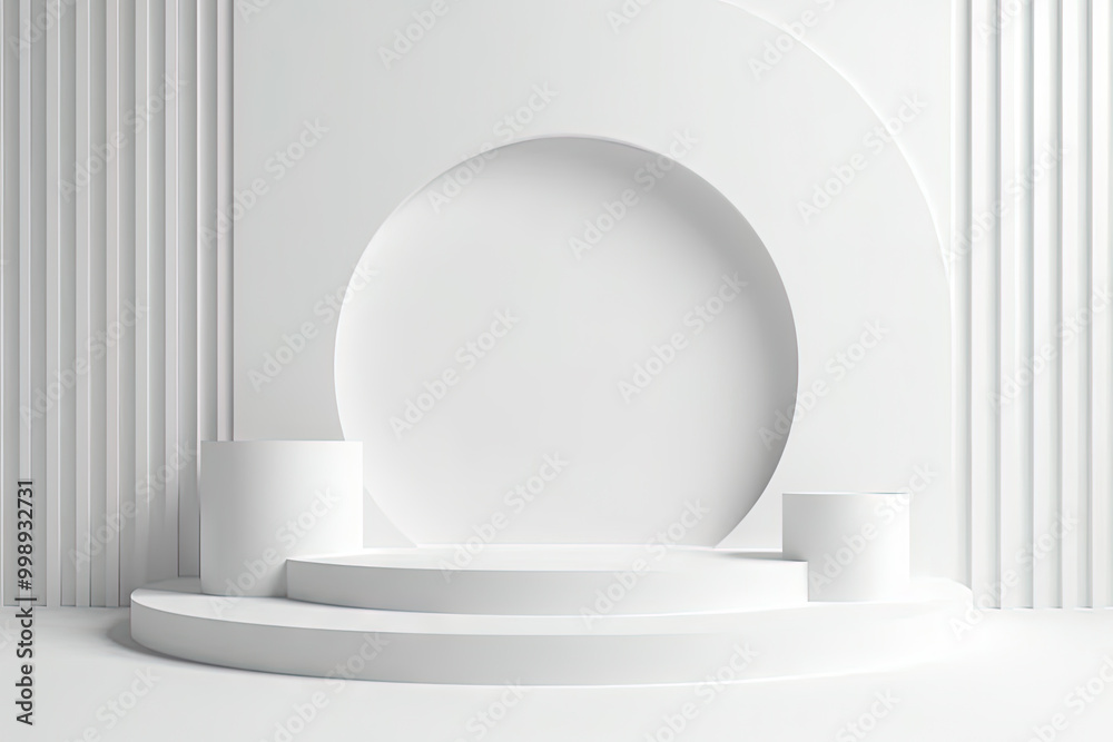 Pedestal in the room in white color with geometric shapes. Podium for product showcase with geometric decoration. Pedestal in the room in white color with geometric shapes. Podium for product showcase with geometric decoration.
