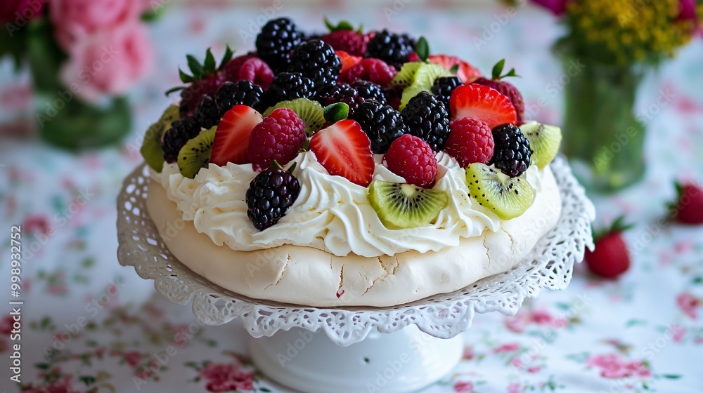 Kiwi pavlova with whipped cream and berries, against a vintage floral tablecloth background Kiwi pavlova with whipped cream and berries, against a vintage floral tablecloth background