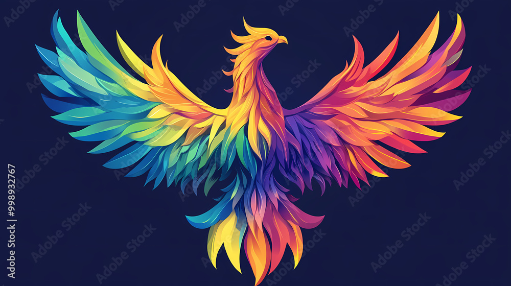 Fototapeta premium Clean vector illustration of a rainbow-colored phoenix rising, symbolizing rebirth and pride. Phoenix Rising. Illustration