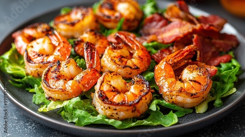  A plate of grilled shrimp and bacon on a bed of lettuce with lettuce and bacon