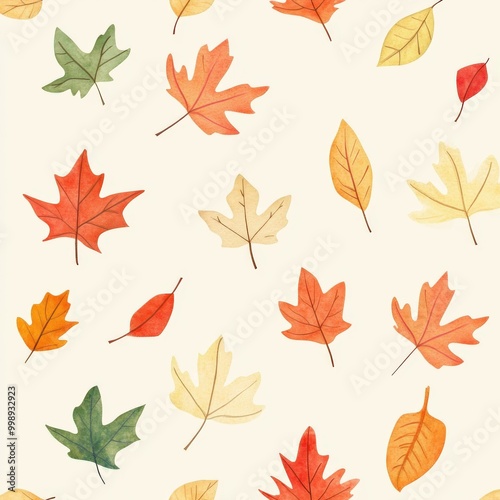 Colorful autumn leaves scattered on a light background in fall season