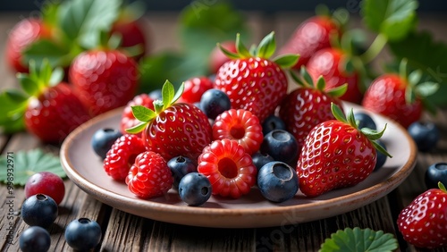 Vibrant red strawberries and blueberries on a rustic plate.