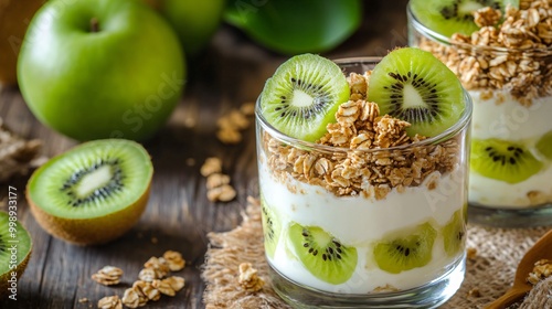 Kiwi yogurt parfait with granola, on a soft wooden kitchen table background photo