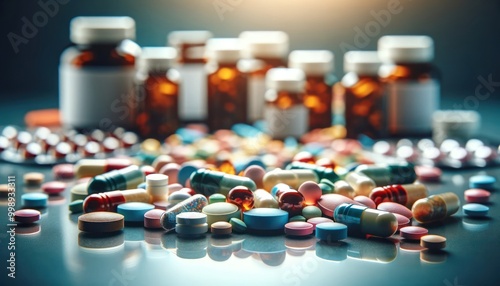 various pharmaceutical pills and capsules spread out on a surface with several medicine bottles in the background