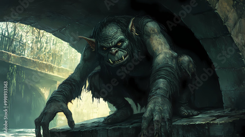 A troll with long fingers and an ugly face crouches under the bridge. Troll Bridge. Illustration photo