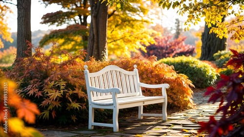 a graceful white bench in a sunlit autumn garden photo