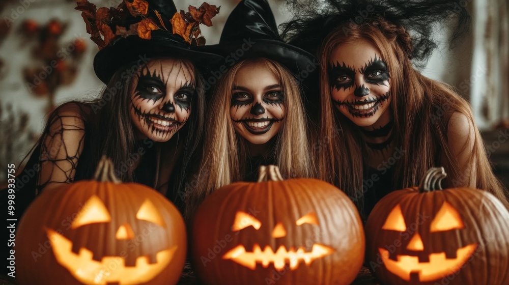 Fototapeta premium Halloween Celebrations with Witches and Pumpkins in an Autumn Forest Setting