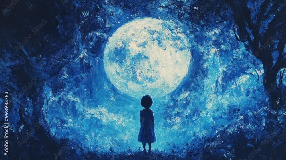 A Solitary Figure Stands Before a Large Moon in a Forest Setting A Solitary Figure Stands Before a Large Moon in a Forest Setting