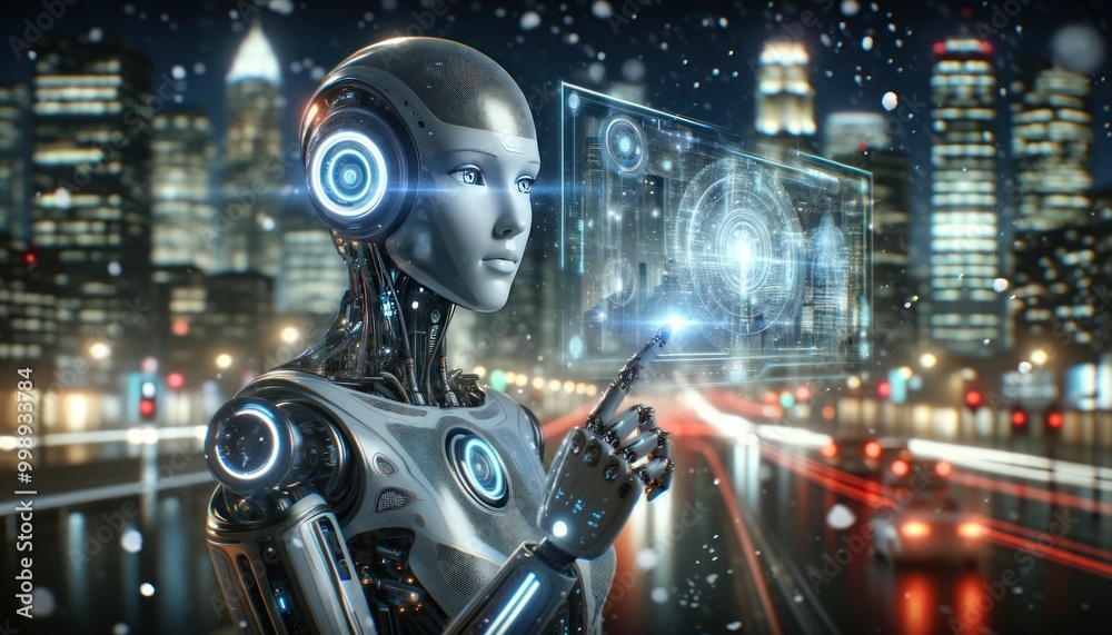 sleek humanoid robot in a dynamic, urban night setting, interacting with an advanced digital interface projected