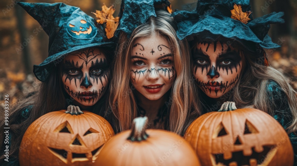 Fototapeta premium Halloween Celebrations with Witches and Pumpkins in an Autumn Forest Setting
