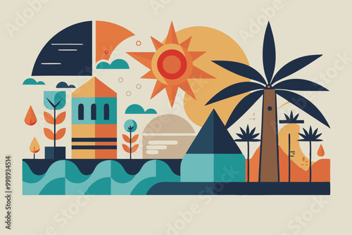Abstract minimalist art celebrating columbus day with vibrant colors and geometric shapes