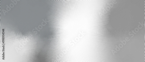 Black and white radial gradient abstract background. Concentric circle of sound wave. Monochrome halftone circular texture. Vector illustration of outline circles. Minimalist geometric wallpaper.