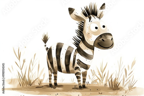 Cute cartoon zebra standing among grass with a playful expression in a whimsical style