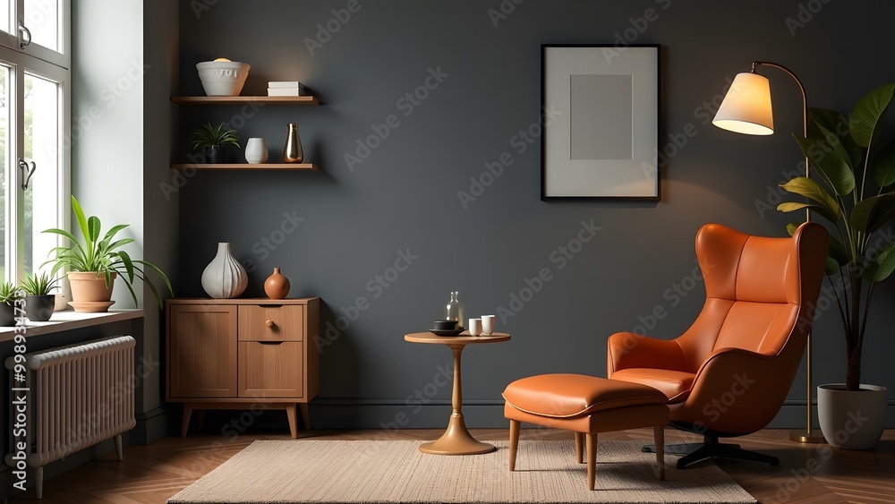 Cozy living room featuring a modern orange chair with a side table and plants. Cozy living room featuring a modern orange chair with a side table and plants.