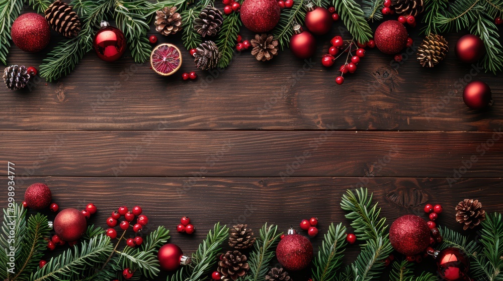 A beautifully decorated Christmas holiday themed wooden background featuring pinecones, red berries, baubles, and fir branches creating a festive and warm atmosphere A beautifully decorated Christmas holiday themed wooden background featuring pinecones, red berries, baubles, and fir branches creating a festive and warm atmosphere