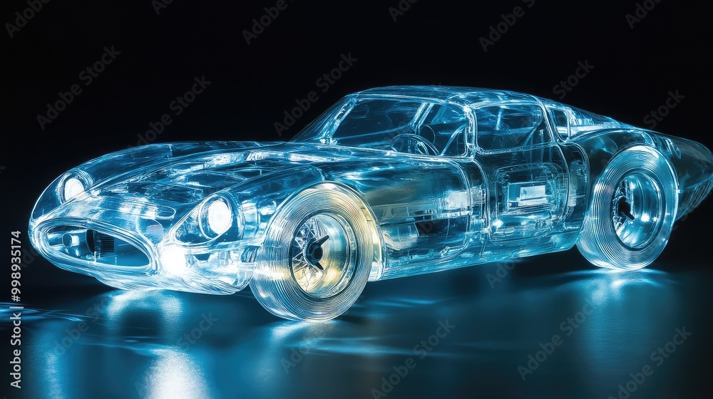 Fototapeta premium A translucent plastic model car, glowing softly as light passes through its clear material