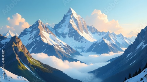 Majestic snow-capped mountain peak under a clear blue sky during sunset.