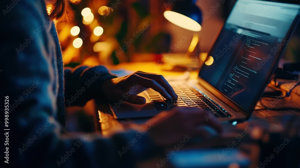 Person Typing on Laptop with Code on Screen in a Dimly Lit Room Person Typing on Laptop with Code on Screen in a Dimly Lit Room