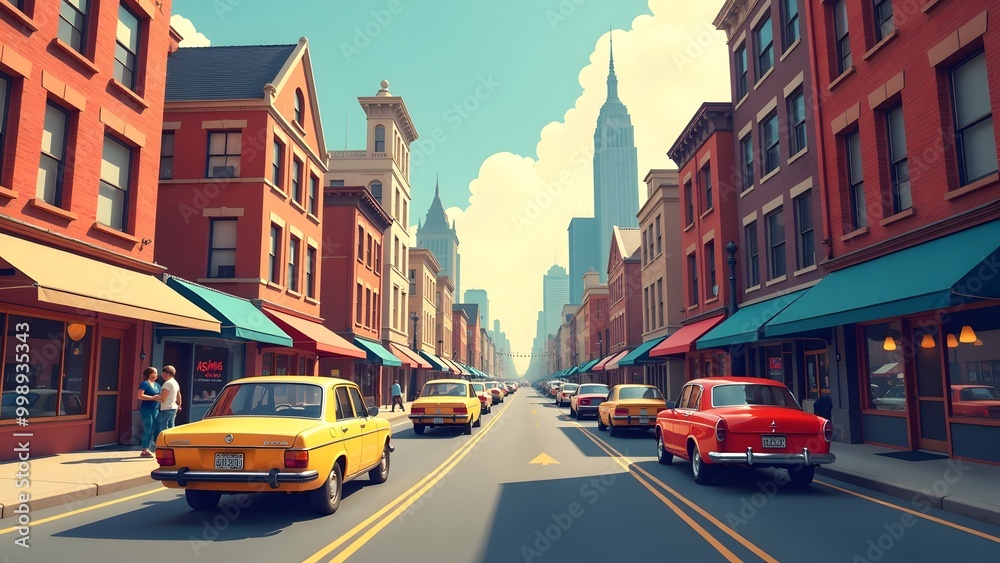 Obraz premium Vibrant city street with classic yellow taxis and iconic skyline in the background.