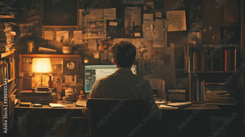 A Man Working at a Desk in a Dimly Lit Room Surrounded by Books and Papers A Man Working at a Desk in a Dimly Lit Room Surrounded by Books and Papers