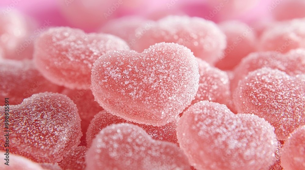  Close-up of pink candy hearts on a white-pink tablecloth against a pink background
