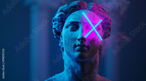 Ancient statue with a blue neon x on the head in the vaporwave style.minimal creative art concept. Vaporwave Aesthetic. Illustration photo