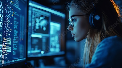  Female cyber security analyst analyzing AI cyberspace threats on computer in dark tech office data centre. Blue lighting. IT specialist ethical hacking 