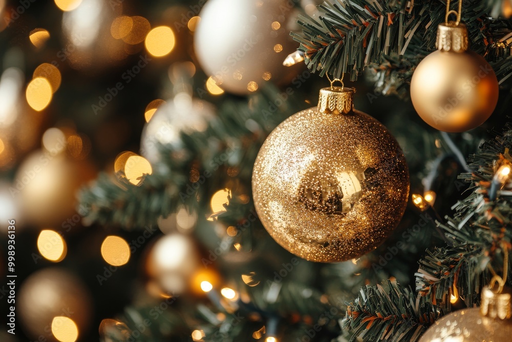 Close-up of golden Christmas ornament hanging on a pine tree branch with glowing lights, creating a classic and elegant holiday atmosphere with warm tones. Close-up of golden Christmas ornament hanging on a pine tree branch with glowing lights, creating a classic and elegant holiday atmosphere with warm tones.