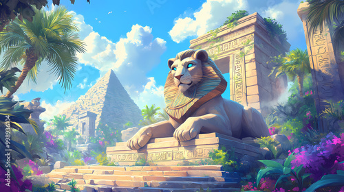 Animated 3d cartoon sphinx posing riddles at the gates of a lost city. Sphinx Riddle. Illustration photo