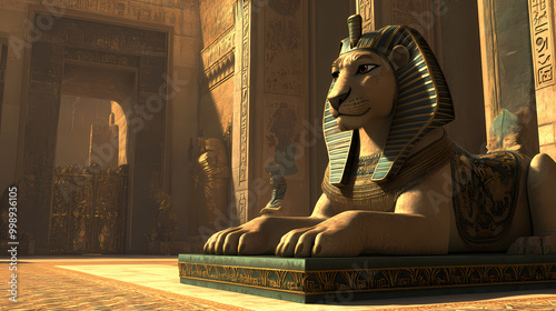 Animated 3d cartoon sphinx posing riddles at the gates of a lost city. Sphinx Riddle. Illustration photo