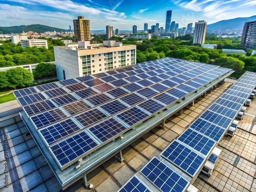 Solar Electric Panels Energy on top of an Industry Building in the middle of a city, Eco-Friendly Power, Green Nature