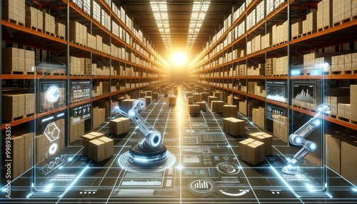 Wallpaper Mural future of logistics with an automated warehouse interior bathed in warm sunlight filtering through large windows. Torontodigital.ca