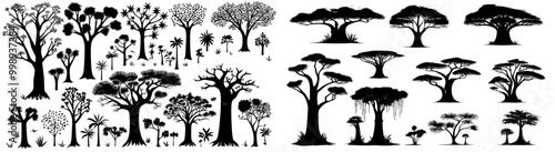 Typical African baobab trees and silhouettes. Isolated modern set of majestic and ancient plants, standing tall with their swollen trunks and spreading branches and symbolizing resilience in harsh