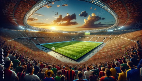 football stadium packed with fans during a match at sunset. The stadium is modern
