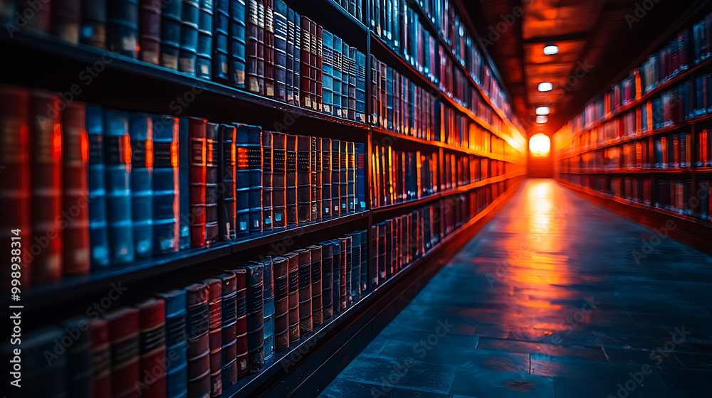 A dimly lit library corridor with shelves of colorful books, leading to a bright light at the end, creating an inviting and mysterious atmosphere. A dimly lit library corridor with shelves of colorful books, leading to a bright light at the end, creating an inviting and mysterious atmosphere.